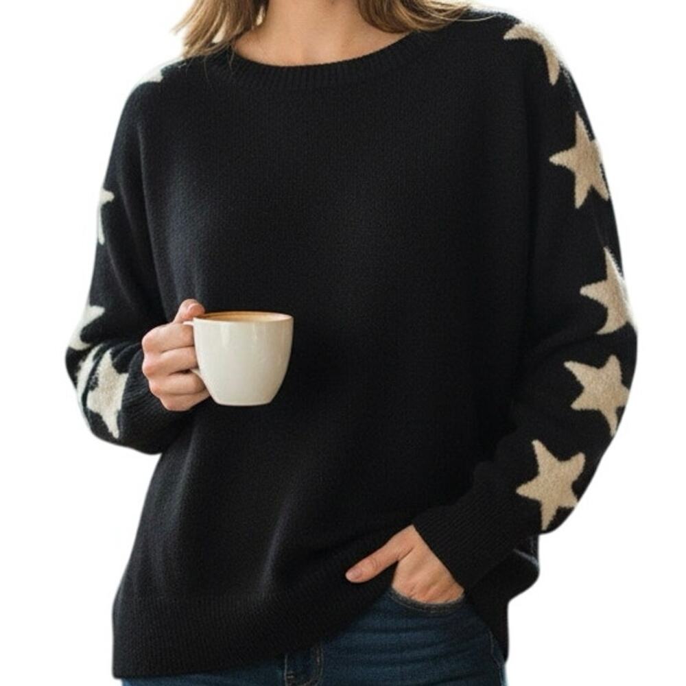 Aaeda Black White Star Dolman Sleeve‎ Pullover Sweater Fuzzy Applique Size L
